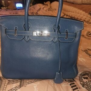 Hermes Blue Pebbled Leather Top-Handle Satchel
